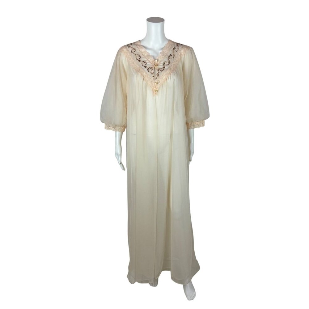 Vintage 80s Sheer Peignoir Women's Large Cream Chiffon Robe Deadstock JCPenney